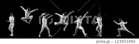 Dynamic collage. Fencing athletes striking, parrying, lunging in synchronized duel sequence against black studio background. Dynamic collage. Fencing athletes striking, parrying, lunging in synchronized duel sequence against black studio background. 123051092