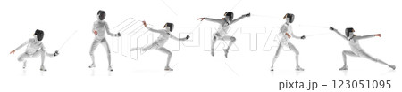 Creative collage. Fencer lunging, striking, defending in intense duel sequence against white studio background. 123051095