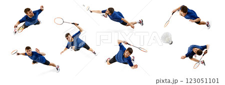 Creative collage. Male badminton player lunging, swinging racket, executing powerful smash against white studio background. Creative collage. Male badminton player lunging, swinging racket, executing powerful smash against white studio background. 123051101