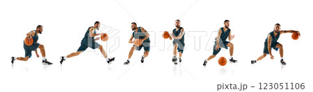 Creative collage. Young basketball player dribbling, sprinting, changing direction in dynamic motion against white studio background. Creative collage. Young basketball player dribbling, sprinting, changing direction in dynamic motion against white studio background. 123051106