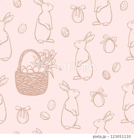 Seamless pattern with Easter bunny, basket and eggs in pastel pink colors Seamless pattern with Easter bunny, basket and eggs in pastel pink colors 123051110
