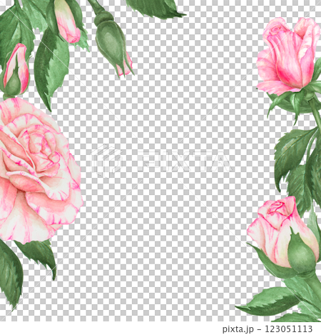 Charming hand painted watercolor floral border with pink roses and green leaves, cut out and isolated. Space for text makes it great for invitations, Mother s Day cards, and spring-inspired designs Charming hand painted watercolor floral border with pink roses and green leaves, cut out and isolated. Space for text makes it great for invitations, Mother s Day cards, and spring-inspired designs 123051113