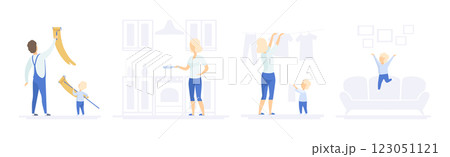 Parent with Little Kid Engaged in Different Activity at Home Vector Set 123051121