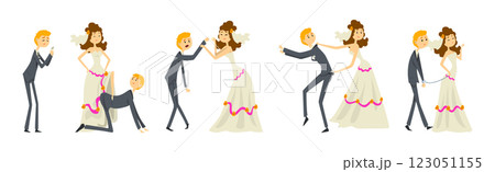 Funny Couple of Newlyweds with Weak Henpecked Groom Dominated by Bride Vector Set Funny Couple of Newlyweds with Weak Henpecked Groom Dominated by Bride Vector Set 123051155