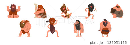 Stone Age Bearded Man Character with Barefoot Vector Set 123051156