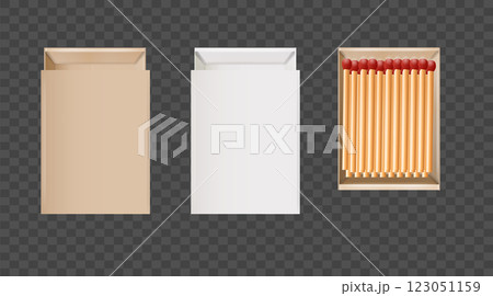 Matchbox, empty package for match sticks in top and perspective view. Realistic mockup of 3d blank box. Stages of burning the match. Symbol of ignition burning. Vector Matchbox, empty package for match sticks in top and perspective view. Realistic mockup of 3d blank box. Stages of burning the match. Symbol of ignition burning. Vector 123051159