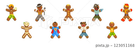Funny Gingerbread Man Cookie in Different Costume Vector Set 123051168