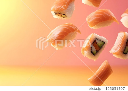 Fresh salmon nigiri and maki sushi pieces floating on gradient background Fresh salmon nigiri and maki sushi pieces floating on gradient background 123051507
