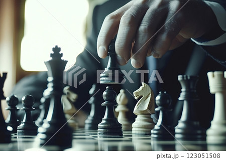 Businessman moving black rook chess piece on chessboard Businessman moving black rook chess piece on chessboard 123051508