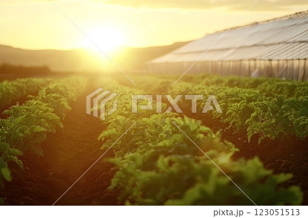 Rows of crops growing on farm at sunset near greenhouse 123051513