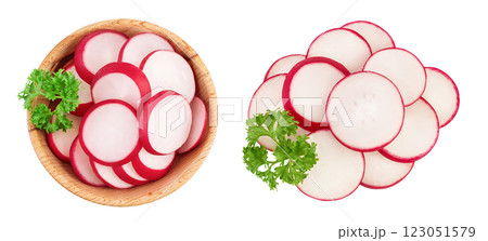 Radish slices in wooden bowl isolated on white background. Top view. Flat lay Radish slices in wooden bowl isolated on white background. Top view. Flat lay 123051579