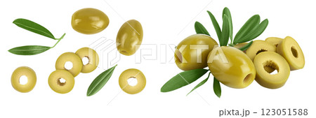 Green olives with leaves isolated on a white background with full depth of field. Top view. Flat lay Green olives with leaves isolated on a white background with full depth of field. Top view. Flat lay 123051588