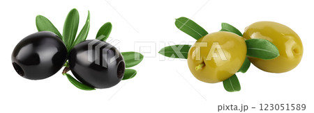 Black and green olives with leaves isolated on a white background with full depth of field. Black and green olives with leaves isolated on a white background with full depth of field. 123051589