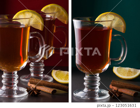 mulled wine with lemon on a dark background 123051631