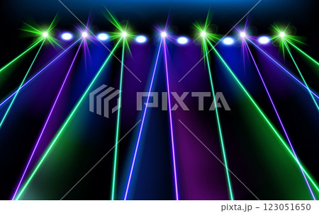 Laser light show, bright led laser beams, illuminated neon blue purple green rays stage, vector led strobe lights disco 123051650