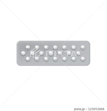 Round pills in blister pack 3D vector icon, realistic transparent package containing small white tablets, medicine drugs 123051666