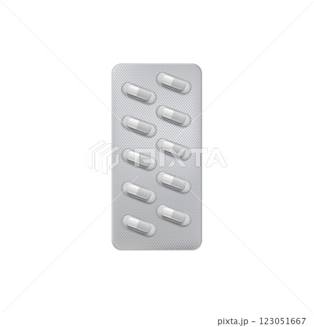Pills blister pack 3D vector illustration, realistic metallic package for capsules medicament, medicine drugs mock up 123051667