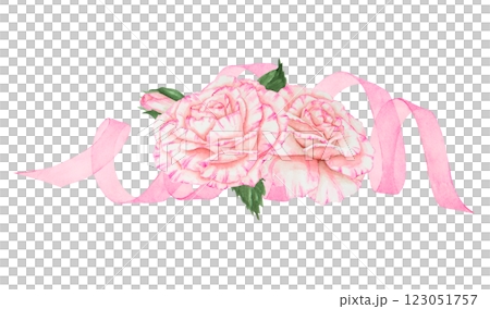 Watercolor pink roses with a flowing ribbon in a romantic floral arrangement. Isolated clip art, perfect for wedding invitations, greeting cards, romantic designs and botanical decorations 123051757