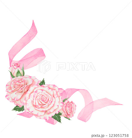 Elegant watercolor pink rose and green leaves floral arrangement with curled ribbon. Isolated clip art, perfect for wedding invitations, greeting cards, romantic designs and botanical decorations Elegant watercolor pink rose and green leaves floral arrangement with curled ribbon. Isolated clip art, perfect for wedding invitations, greeting cards, romantic designs and botanical decorations 123051758