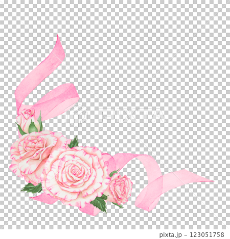 Elegant watercolor pink rose and green leaves floral arrangement with curled ribbon. Isolated clip art, perfect for wedding invitations, greeting cards, romantic designs and botanical decorations Elegant watercolor pink rose and green leaves floral arrangement with curled ribbon. Isolated clip art, perfect for wedding invitations, greeting cards, romantic designs and botanical decorations 123051758