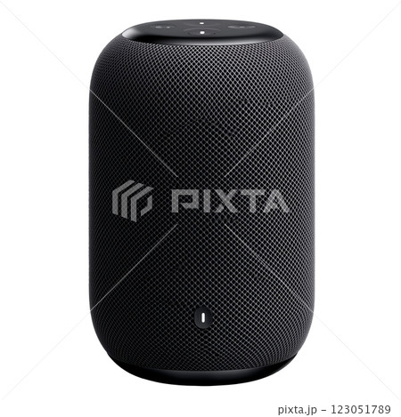Modern smart speaker isolated on a transparent background. Black wireless Bluetooth speaker with mesh fabric design and voice control features. 123051789