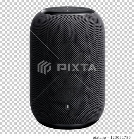 Modern smart speaker isolated on a transparent background. Black wireless Bluetooth speaker with mesh fabric design and voice control features. 123051789