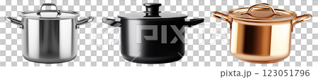 Black, white and golden non-stick cooking pot with lid isolated on a transparent background. Modern matte black stockpot with two ergonomic handles. 123051796