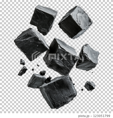 Black coal chunks isolated on a transparent background. Collection of raw coal pieces with a glossy texture, irregular shapes, and sharp edges. 123051799