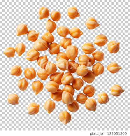 Dried chickpeas isolated on a transparent background. Scattered raw garbanzo beans, organic legumes for healthy cooking and plant-based diets. 123051800