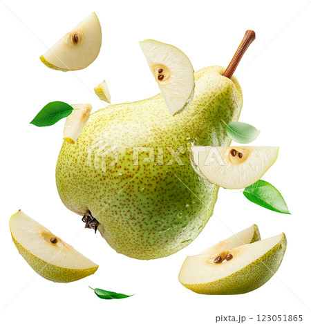 Fresh green pear with floating slices isolated on a transparent background. Juicy whole pear with cut pieces and seeds, surrounded by green leaves, showcasing a vibrant and refreshing fruit concept. 123051865