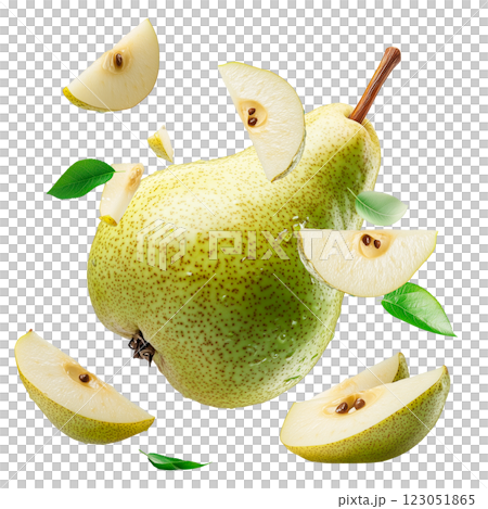 Fresh green pear with floating slices isolated on a transparent background. Juicy whole pear with cut pieces and seeds, surrounded by green leaves, showcasing a vibrant and refreshing fruit concept. 123051865