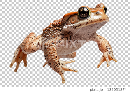Brown toad jumping isolated on a transparent background. High-detailed amphibian in mid-air leap, showcasing its textured skin, strong legs, and natural coloration. 123051874