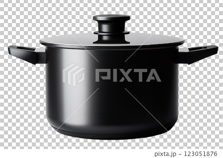 Black non-stick cooking pot with lid isolated on a transparent background. Modern matte black stockpot with two ergonomic handles and a glass cover for professional and home kitchen use. 123051876