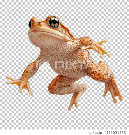 Brown toad jumping isolated on a transparent background. High-detailed amphibian in mid-air leap, showcasing its textured skin, strong legs, and natural coloration. 123051878