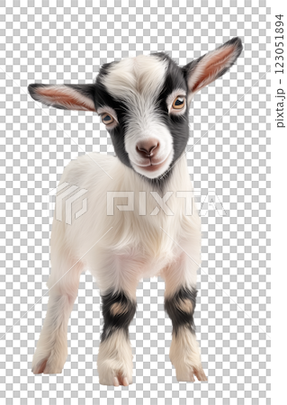 Adorable baby goat isolated on a transparent background. Cute young goat standing with fluffy fur, black and white markings, and perked-up ears, perfect for farm-themed designs. Adorable baby goat isolated on a transparent background. Cute young goat standing with fluffy fur, black and white markings, and perked-up ears, perfect for farm-themed designs. 123051894