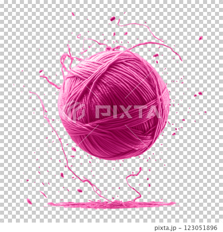 Pink yarn ball in midair with dynamic paint splashes, isolated on a transparent background. Floating fiber thread sphere with artistic splatter effect. Pink yarn ball in midair with dynamic paint splashes, isolated on a transparent background. Floating fiber thread sphere with artistic splatter effect. 123051896
