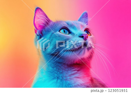 Cat illuminated by colorful neon lights creating a vibrant portrait 123051931