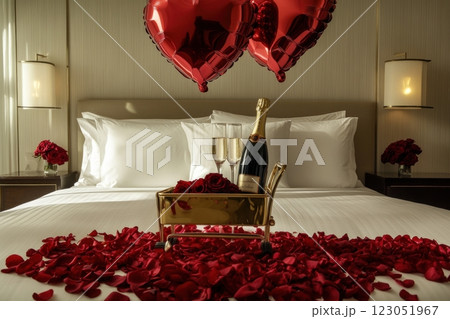 Luxurious hotel room decorated with rose petals, champagne, and heart balloons for romantic celebration 123051967