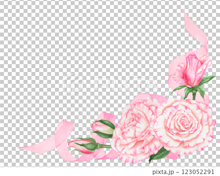 Hand-painted watercolor pink rose floral arrangement with green leaves and ribbon on a transparent background. Ideal for wedding decor, greeting cards and romantic floral compositions. Hand-painted watercolor pink rose floral arrangement with green leaves and ribbon on a transparent background. Ideal for wedding decor, greeting cards and romantic floral compositions. 123052291