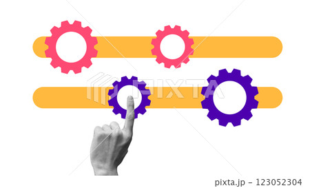 Finger touching interactive timeline with moving gears, representing digital transformation, workflow automation, and strategic business management. 123052304