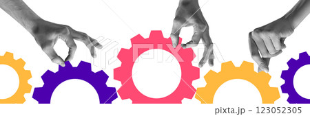 Multiple hands adjusting and positioning colorful gears, symbolizing precision, optimization, and synchronized effort in business operations. 123052305