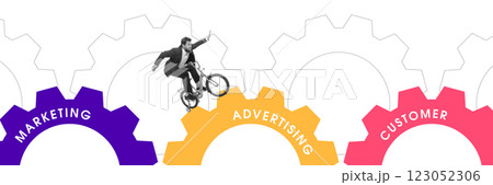 Businessman riding small bicycle across colorful labeled gears marketing, advertising, and customer. Dynamic movement and adaptability in business strategy. 123052306