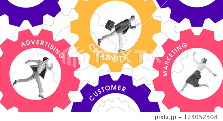 Business colleagues inside large colorful gears labeled creativity, marketing, advertising, and customer. Interconnected components of corporate strategy. 123052308