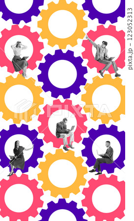 Multiple business people seated on colorful interconnected gears. Representing complexity, teamwork, and constant motion within corporate dynamics. 123052313