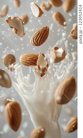 Almonds falling and splashing into plant based milk creating dreamlike scene 123052414