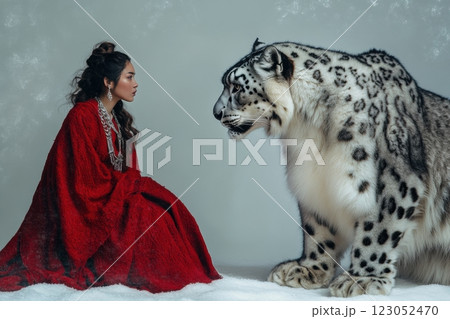 Actress wearing red dress posing with snow leopard in studio with fake snow 123052470