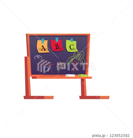 Vector illustration of children's chalk board on wooden legs with a picture and letters. Vector illustration of children's chalk board on wooden legs with a picture and letters. 123052582