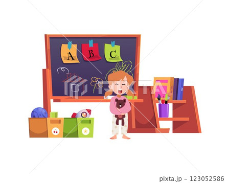Little girl holds teddy bear and stands near the blackboard in the kindergarten classroom, vector cartoon nursery school Little girl holds teddy bear and stands near the blackboard in the kindergarten classroom, vector cartoon nursery school 123052586