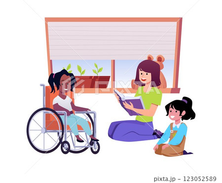 Teacher reading a book sitting on the floor with children and a girl in a wheelchair. 123052589