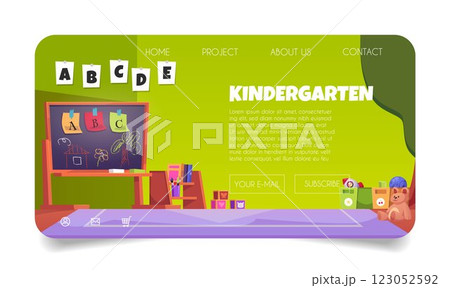 Kindergarten website web page with interior room, toys, chalk board, bookshelf. 123052592